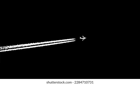Vector illustration of flying plane with trails on dark sky black and white background 