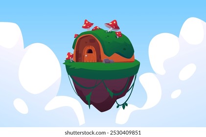 Vector illustration of a flying platform with a semicircular house, moss, fly agarics and vines. A fairytale island with a house against a blue sky with clouds is suitable for a game interface.