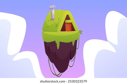 Vector illustration of a flying platform with a triangular house covered with moss against the background of the sky with clouds. A fairytale island with a house is suitable for an island game.