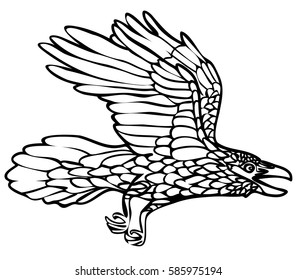 Vector illustration of flying raven black and white 