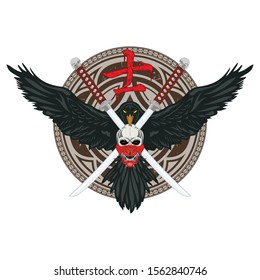 Vector illustration flying raven, two crossed swords and skull in a mask with fangs. Weapon of the medieval fantastic warrior. Head of mythical ronin. Japanese demon. Hieroglyph - samurai. Tattoo.