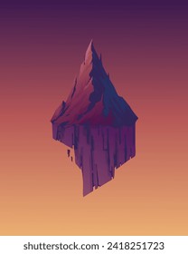 Vector illustration of flying rock mountain with purple tone color and gradient background