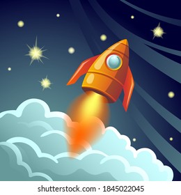 Vector illustration of flying rocket, clouds and stars