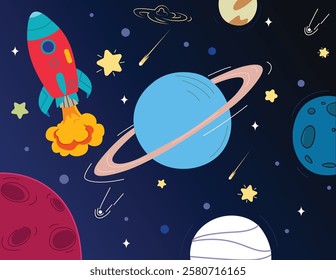 A vector illustration of Flying Rocket Near Galaxy Planets