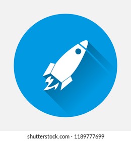 Vector illustration flying rocket on blue background. Flat image Rocket  with long shadow. Layers grouped for easy editing illustration. For your design.
