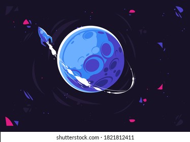 Vector illustration of a flying rocket orbiting a planet, leaving a white trail behind it, space theme