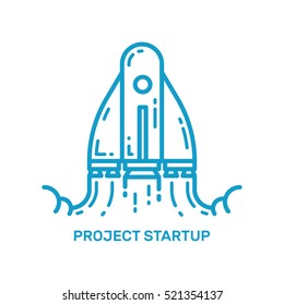 Vector illustration of flying rocket ship in line style. Space rocket launch. Project concept start up business and development process. Outline icon.