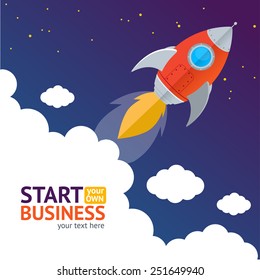 Vector illustration flying rocket in the sky