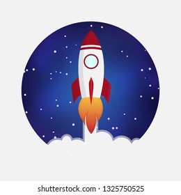 Vector illustration with a flying rocket. Space travel. Innovation product. Start up project. Creative idea