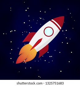 Vector illustration with a flying rocket. Space travel. Innovation product. Start up project. Creative idea