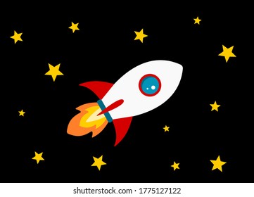 Vector illustration of a flying rocket in space among the stars. Starting a new project.