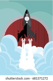 vector illustration of flying rocket, start up concept idea