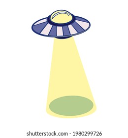Vector illustration of a flying saucer, bright light from a space ship. UFO, aliens, unidentified flying object isolated on white background. 