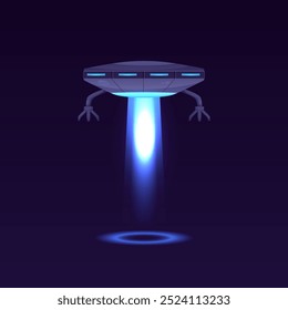 Vector illustration of flying saucer with bright abductor ray on dark blue isolated background. UFO spaceship depicted in flat cartoon style for design purposes.