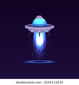 Vector illustration of a flying saucer emitting a glowing abductor ray on a dark isolated blue background. UFO spaceship design in flat cartoon style.