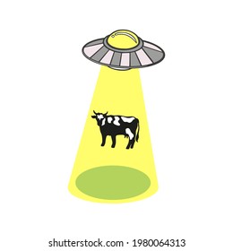 Vector illustration of a flying saucer kidnaps a cow. UFO, aliens, unidentified flying object isolated on white background. 
