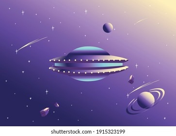 Vector illustration of a flying saucer with light bulbs flies in open space against the background of planets and stars.