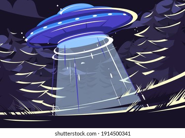 Vector Illustration Of A Flying Saucer Flying Over The Forest At Night, Ufo In The Forest