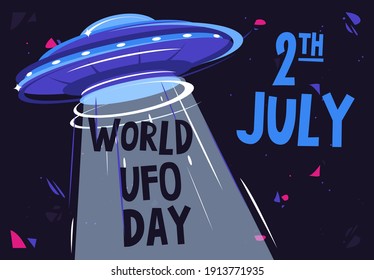 Vector illustration of a flying saucer with a projection light on the background of outer space, web banner for World UFO Day on July 2