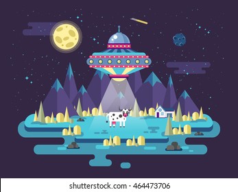 Vector illustration of a flying saucer UFO stealing a cow in a flat style