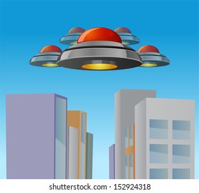 Vector illustration of flying saucers invading a city.
