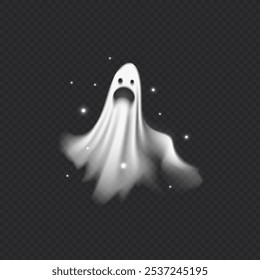 Ilustração vetorial de fantasma voador gritando realista com pequenas partículas brilhantes. Ícone fantasma sobre fundo escuro transparente para o Halloween. Efeito de espírito nebuloso com rosto assustador.