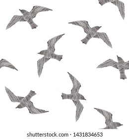 Vector illustration of flying seagulls in sketch style. Seamless pattern.