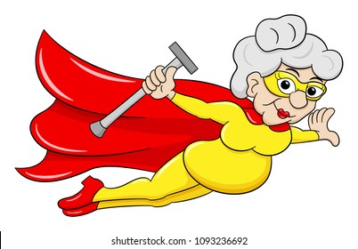 vector illustration of a flying senior super heroine with cape