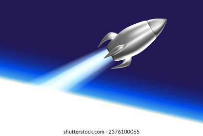 Vector illustration of flying silver space ship with flame and cloud smoke on blue color background. 3d style design of business startup symbol for web, site, banner, poster