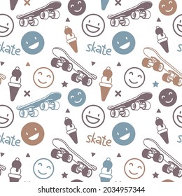 Vector Illustration of Flying Skateboard with Smile and Ice Cream. Skateboarding Seamless Pattern with Cartoon Skateboard and Word. Line Art Style Skate Background for T-shirt and Paper Print