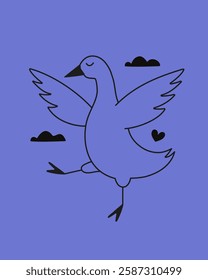 Vector illustration with flying in the sky goose with clouds and small black heart. Inspiring greeting card template, home decoration poster, apparel print design