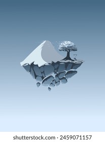 Vector illustration of flying snow mountain with some woods and big tree