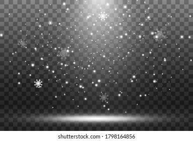 Vector illustration of flying snow on a transparent background.Natural phenomenon of snowfall or blizzard.