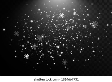 Vector illustration of flying snow on a transparent background.Natural phenomenon of snowfall or blizzard.