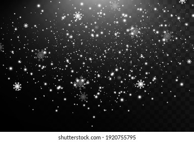 Vector illustration of flying snow on a transparent background.Natural phenomenon of snowfall or blizzard.	
