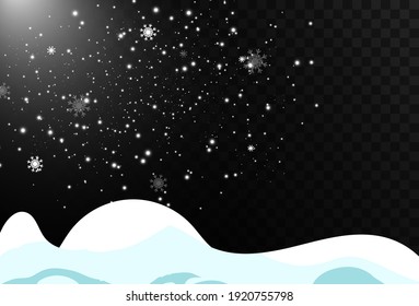 Vector illustration of flying snow on a transparent background.Natural phenomenon of snowfall or blizzard.	
