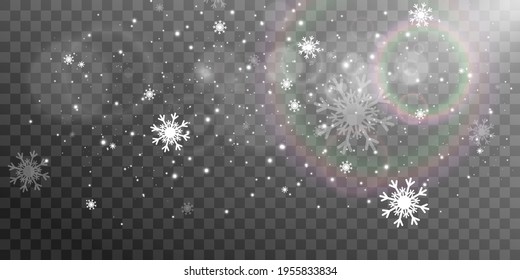 Vector illustration of flying snow on a transparent background.Natural phenomenon of snowfall or blizzard.