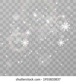 Vector illustration of flying snow on a transparent background.Natural phenomenon of snowfall or blizzard.