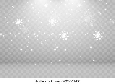 Vector illustration of flying snow on a transparent background.Natural phenomenon of snowfall or blizzard.