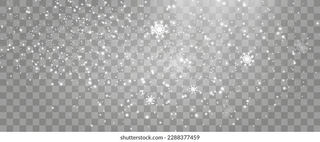 Vector illustration of flying snow on a transparent background.Natural phenomenon of snowfall or blizzard.