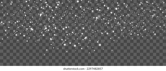 Vector illustration of flying snow on a transparent background.Natural phenomenon of snowfall or blizzard.