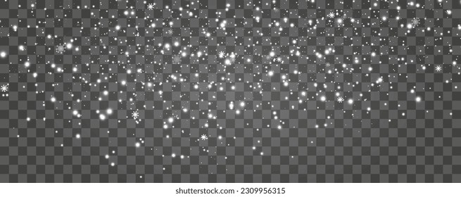 Vector illustration of flying snow on a transparent background.Natural phenomenon of snowfall or blizzard.	