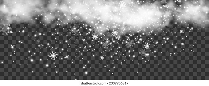Vector illustration of flying snow on a transparent background.Natural phenomenon of snowfall or blizzard.	