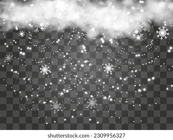 Vector illustration of flying snow on a transparent background.Natural phenomenon of snowfall or blizzard.	