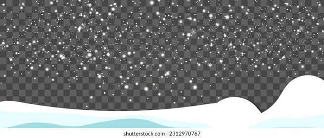 Vector illustration of flying snow on a transparent background.Natural phenomenon of snowfall or blizzard.	