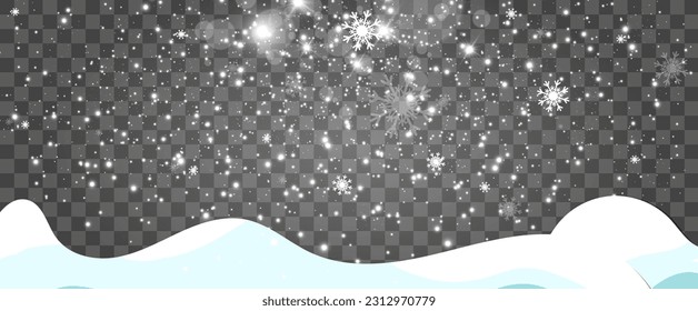 Vector illustration of flying snow on a transparent background.Natural phenomenon of snowfall or blizzard.	