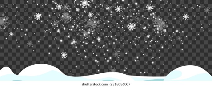 Vector illustration of flying snow on a transparent background.Natural phenomenon of snowfall or blizzard.	
