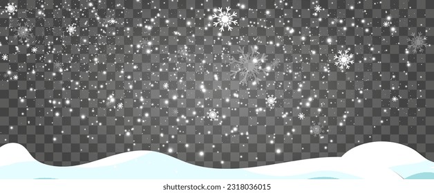 Vector illustration of flying snow on a transparent background.Natural phenomenon of snowfall or blizzard.	
