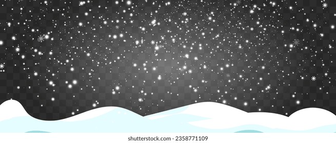 Vector illustration of flying snow on a transparent background.Natural phenomenon of snowfall or blizzard.	
