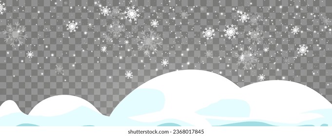 	
Ilustración vectorial de la nieve voladora sobre un fondo transparente. Fenómeno natural de la nevada o la ventisca.	

